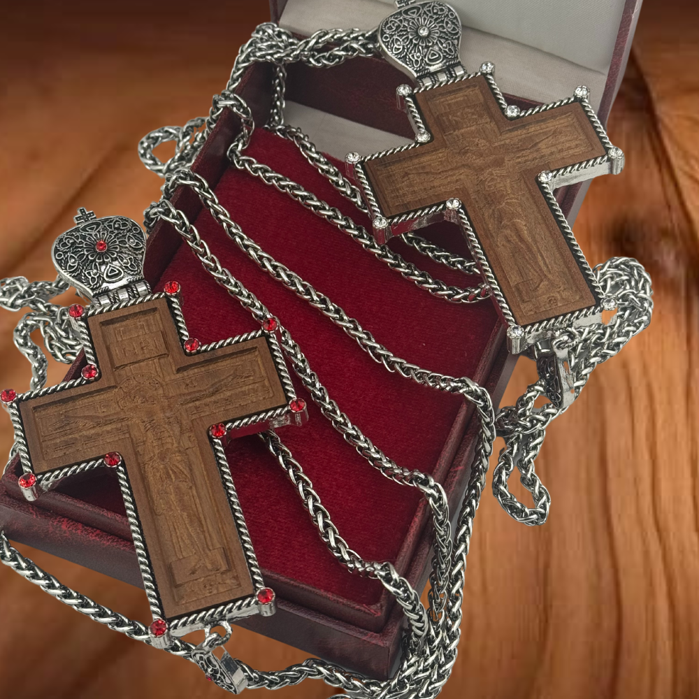 Wooden Pectoral Cross for Orthodox Priest in Silver-Plated Case With Antique Chain Wooden Pectoral Cross for Orthodox Priest in Silver-Plated Case With Antique Chain